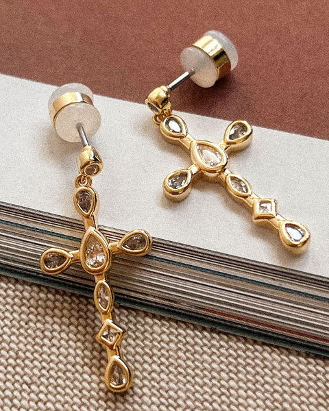 Luv AJ Bezel Stone Cross Studs