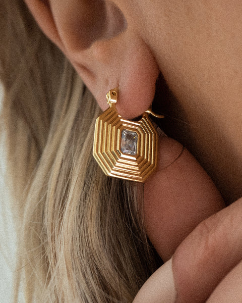 Ridged Pyramid Pendant Earrings- Gold